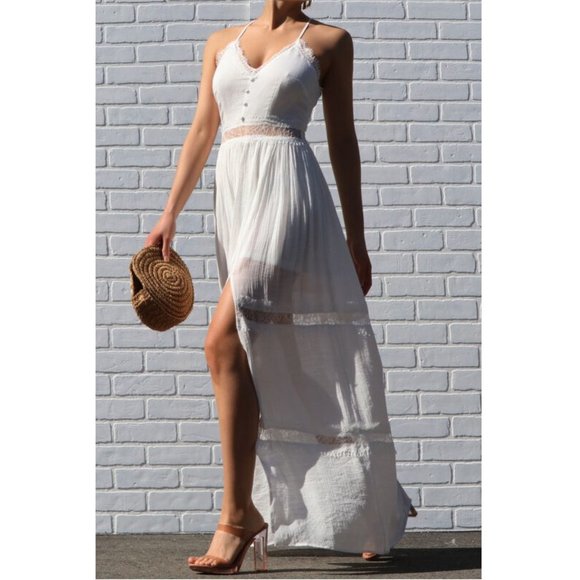 White Boho Chic Lace Trim Bohemian Maxi Dress - Picture 2 of 8